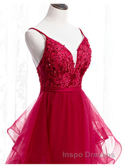 V Neck Burgundy Lace Evening Prom Dress, Wine Red Lace Formal Evening Graduation Dress