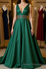 V Neck Emerald Green Satin Long Evening Prom Dress, Emerald Green Formal Graduation Evening Dress