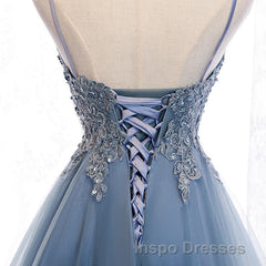 V Neck High Low Blue Lace Evening Prom Dress, Blue Lace High Low Formal Evening Graduation Dress