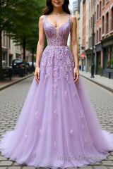 V Neck Off Shoulder Long Lilac Lace Evening Prom Dress, Off Shoulder Purple Lace Formal Graduation Evening Dress
