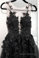 V Neck Open Back Black Tulle Lace Floral Long Evening Prom Dress, Black Lace Formal Evening Dress with Appliques