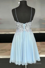V Neck Open Back Blue Lace Short Evening Prom Dress, Blue Lace Homecoming Dress, Short Blue Formal Evening Dress