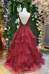 V Neck Open Back Burgundy Lace Long Evening Prom Dress, Burgundy Lace Formal Evening Dress, Burgundy Ball Gown