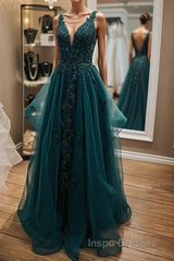 V Neck Open Back Dark Green Lace Beaded Long Evening Prom Dress, Dark Green Lace Formal Dress, Dark Green Evening Dress