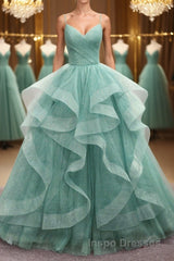 V Neck Open Back Fluffy Green Tulle Long Evening Prom Dress, Green Formal Evening Dress, Ball Gown