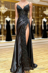 V Neck Open Back Mermaid Black Lace Long Evening Prom Dress, Mermaid Black Lace Formal Dress