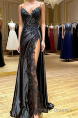 V Neck Open Back Mermaid Black Lace Long Evening Prom Dress with High Slit, Mermaid Black Formal Dress, Black Lace Evening Dress