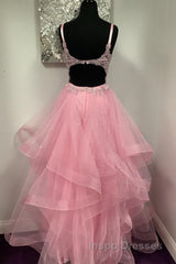 V Neck Open Back Pink Lace Puffy Tulle Long Evening Prom Dress, Pink Lace Formal Dress, Pink Evening Dress