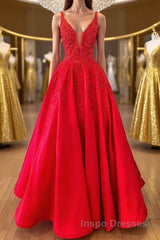 V Neck Open Back Red Lace Long Evening Prom Dress, Red Lace Formal Dress, Beaded Red Evening Dress