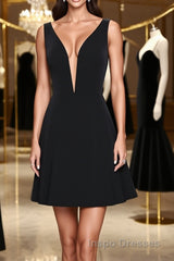 V Neck Open Back Short Black Evening Prom Dress, V Neck Black Homecoming Dress, Black Formal Evening Dress