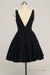 V Neck Open Back Short Black Evening Prom Dress, V Neck Black Homecoming Dress, Black Formal Evening Dress