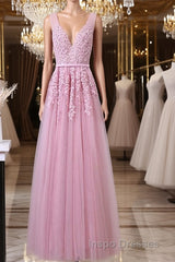 V Neck Pink Lace Evening Prom Dress, Pink V Neck Lace Bridesmaid Formal Dress