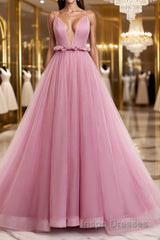 V Neck Pink Tulle Evening Prom Dress with Train, Pink Long Formal Evening Graduation Dress