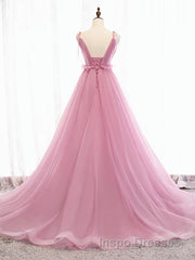 V Neck Pink Tulle Evening Prom Dress with Train, Pink Long Formal Evening Graduation Dress