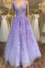 V Neck Purple Lace Long Evening Prom Dress, Long Purple Lace Formal Dress, Lilac Lace Evening Dress