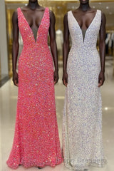 V neck Sequin Mermaid Long Evening Prom Dress,Formal Dress