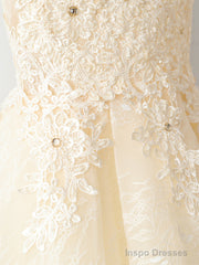 V Neck Short Champagne Lace Prom Dresses, Short Champagne Lace Formal Homecoming Dresses