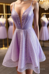V Neck Short Purple Evening Prom Dress, Short V Neck Purple Formal Homecoming Dress