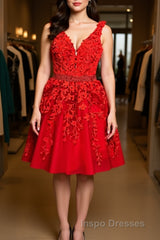 V Neck Short Red Lace Evening Prom Dress with Beadings, Short Red Lace Formal Graduation Homecoming Dress