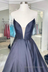 V Neck Strapless Black Satin Long Evening Prom Dress, Strapless Black Formal Dress, Long Black Evening Dress