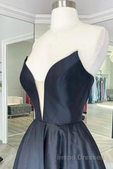 V Neck Strapless Black Satin Long Evening Prom Dress, Strapless Black Formal Dress, Long Black Evening Dress