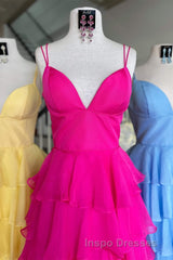 V-Neck Straps Fuchsia Ruffle Chiffon Evening Prom Dress with Slit