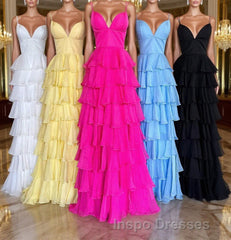 V-Neck Straps Fuchsia Ruffle Chiffon Evening Prom Dress with Slit