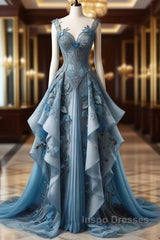 Vintage A Line Sweetheart Neck Chiffon Applique  Long Evening Prom Dress, Evening Dress