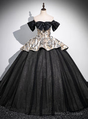 Vintage Black Tulle Sequins Off the Shoulder Quinceanera Dress With Bow