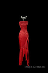 Vintage High Low Strapless Red Long Evening Prom Gown Fairy Evening Prom Dress