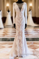 Vintage Lace Long Sleeve See Through Back Nude Mermaid Wedding Dress,
