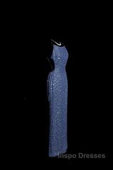 Vintage Mermaid Boat Neck Blue Sequin Backless Evening Prom Gown Fairy Evening Prom Dress