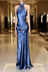 Vintage Mermaid Halter Neck Blue Satin Backless Evening Prom Gown Fairy Evening Prom Dress