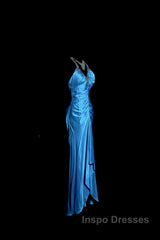 Vintage Mermaid Halter Neck Royal Blue Satin Backless Evening Prom Gown Fairy Evening Prom Dress