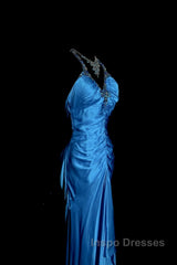 Vintage Mermaid Halter Neck Royal Blue Satin Backless Evening Prom Gown Fairy Evening Prom Dress