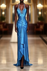 Vintage Mermaid Halter Neck Royal Blue Satin Backless Evening Prom Gown Fairy Evening Prom Dress