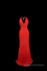 Vintage Mermaid Halter Satin Red Evening Prom Gown Fairy Evening Prom Dress