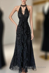 Vintage Mermaid Halter Sleeveless Long Black Lace Evening Dress Evening Prom Dress