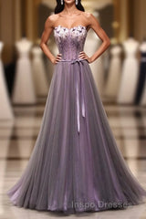 Pruple Tulle Sweetheart Neck Long Evening Prom Dress, Evening Prom Dress
