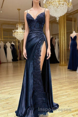 Dark Blue V Neck Satin Lace Long Evening Prom Dress, Dark Blue Lace Long Evening Prom Dress