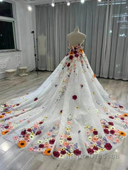 White Floral Sweetheart Long Sleeves Ball Gown Evening Prom Dress