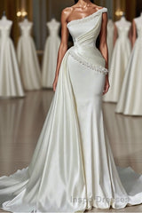White Long Mermaid One Shoulder Satin Beads Formal Evening Prom Dress