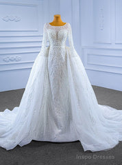 White Mermaid Long Sleeve Perals Beading Wedding Dress With Detachable Train