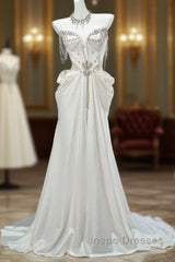 White Satin A-Line Sweetheart Beaded Long Evening Prom Dress, Elegant Adult Ceremony Graduation Evening Prom Dress