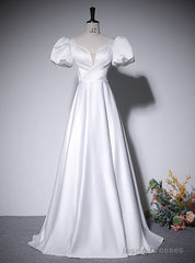 White Satin Short Sleeve Pearls Pleats Prom Dress