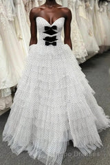 White Strapless Swiss Dot Layered Long Evening Prom Dress