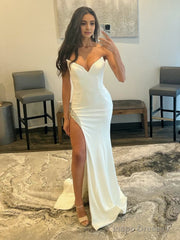 White Strapless V Neck Long Prom Dress With Slit