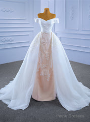 White Tulle Appliques Pleats Off the Shoulder Wedding Dress