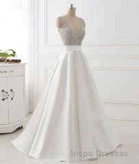White v neck beads sequin long Evening Prom Dress, white evening Dress