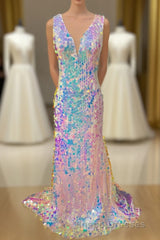 Mermaid V-Neck Sequined Long Evening Prom Dress